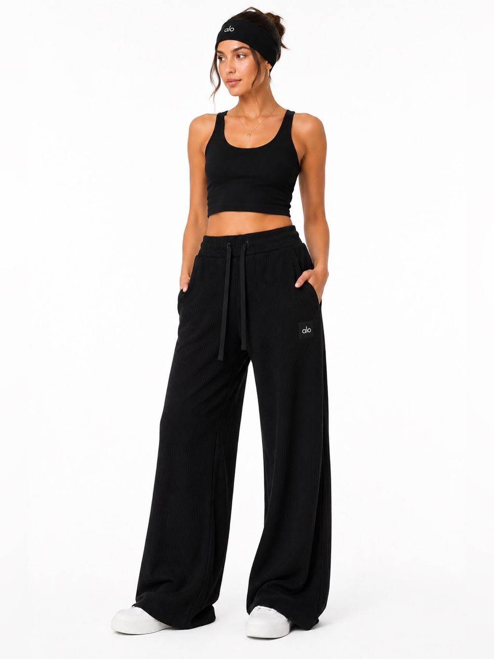 Alo Yoga Muse Wide Leg Pant XXS Black Ribbed NWT + NEW Alo Headband